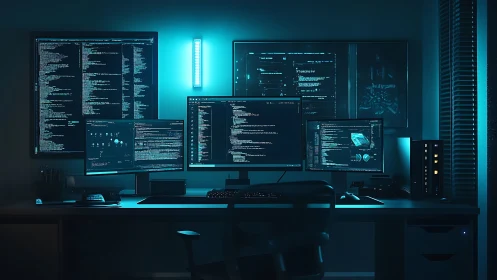Midnight coder’s blue-lit command center in quiet focus.