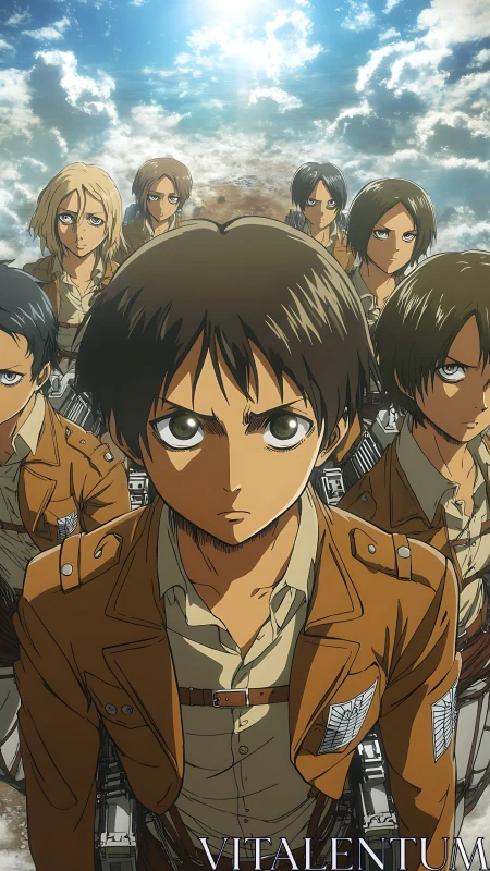 Anime cadet squad rendered with strong frontal perspective