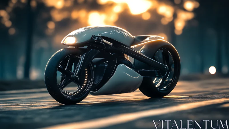 Futuristic concept motorcycle on blurred forest road.