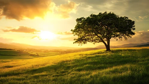 Solitary tree stands on sunlit hillside under low evening sun