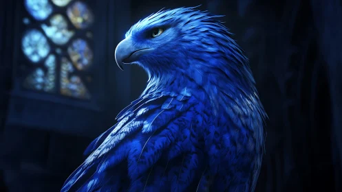 Majestic Blue Eagle in Fantasy Gothic Setting, Digital Art.