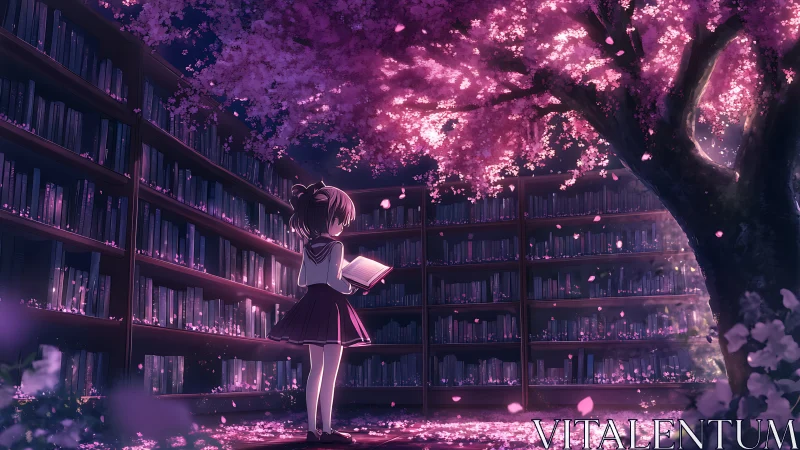 Under sakura light, schoolgirl reading in dreamlike library.