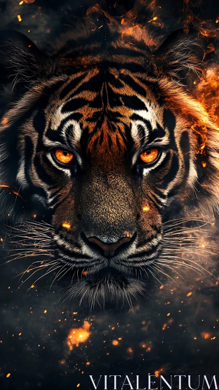 Fiery tiger portrait with glowing eyes in emberscape focus.