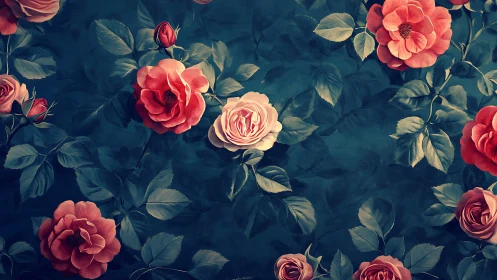 Botanical Study: Roses and Foliage on Deep Teal