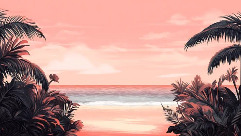 Tropical beach landscape with palm fronds and sunset gradient.