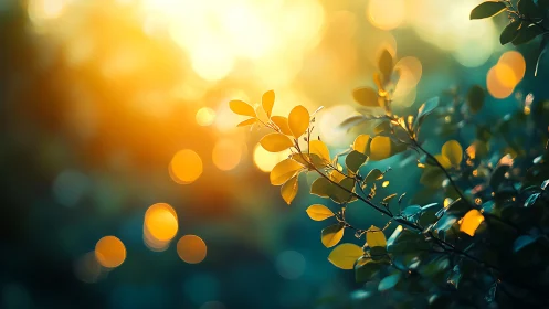 Sunlit Leaves with Bokeh in Nature, Warm and Dreamy Style.