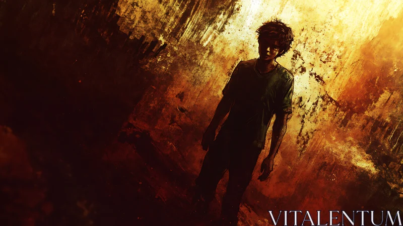 Digital painting of lone youth in abstract infernal corridor.