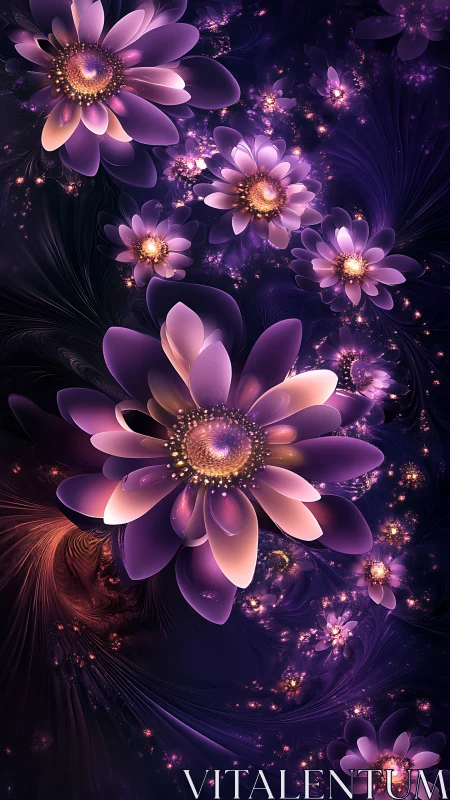 Starlit violet blossoms glow softly in a swirling night sky
