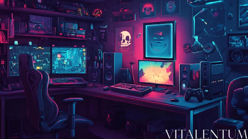 Cyberpunk dual-monitor gaming setup with neon lighting.