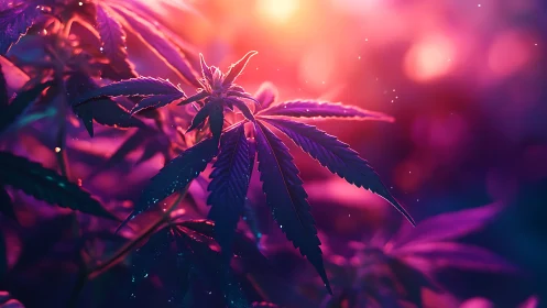 Cannabis leaves glow under vivid pink and purple backlight