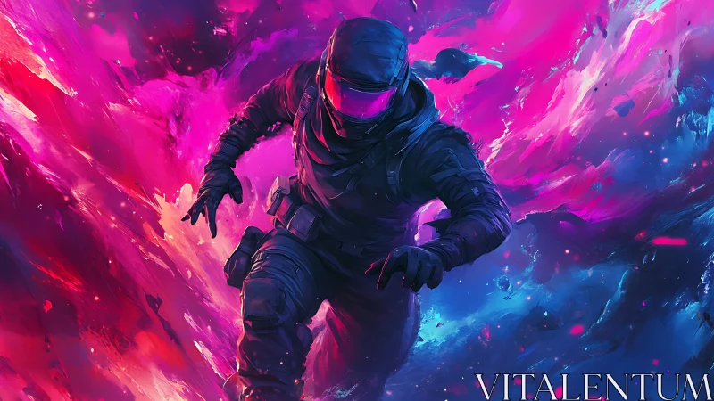 Neon-suited space runner dives into swirling cosmic colors