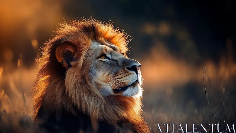 Majestic lion in sunset backlight, contemplative profile view.