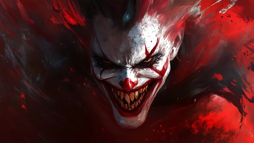 Digital painting portrait of demonic clown with dynamic strokes.