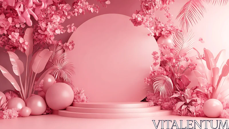 Monochrome pink botanical podium within floral spheres.