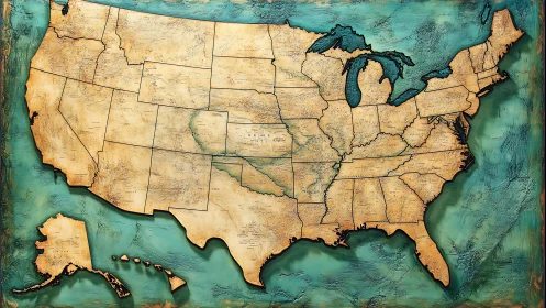 Textured vintage map of the United States wall artwork.