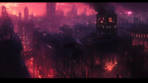 Smoldering neo-noir cityscape under crimson industrial haze.