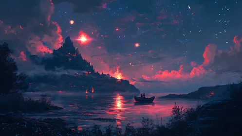 Boat drifts toward glowing cliff city under radiant red sky