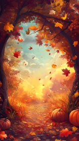 Golden autumn path glows softly under swirling maple leaves