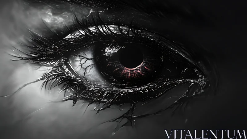 Cybernetic eye dissolves into dark organic tendrils.