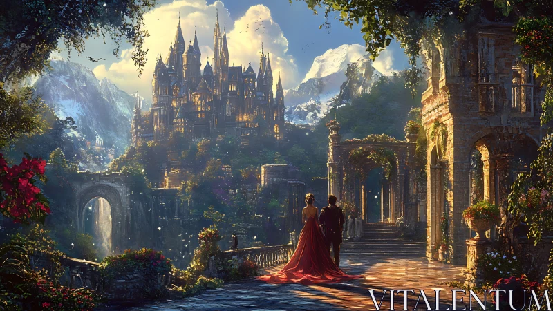 Fantasy digital palace vista with romantic architectural promenade.