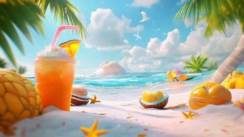 Tropical Beach Paradise with Exotic Fruit and Cocktail