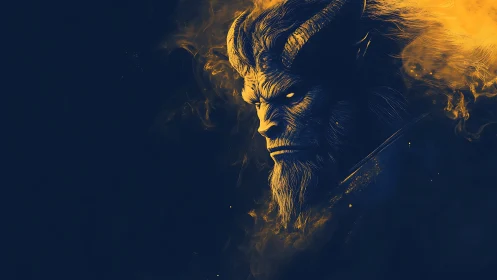 Demonic horned creature profile rendered in dual-tone light