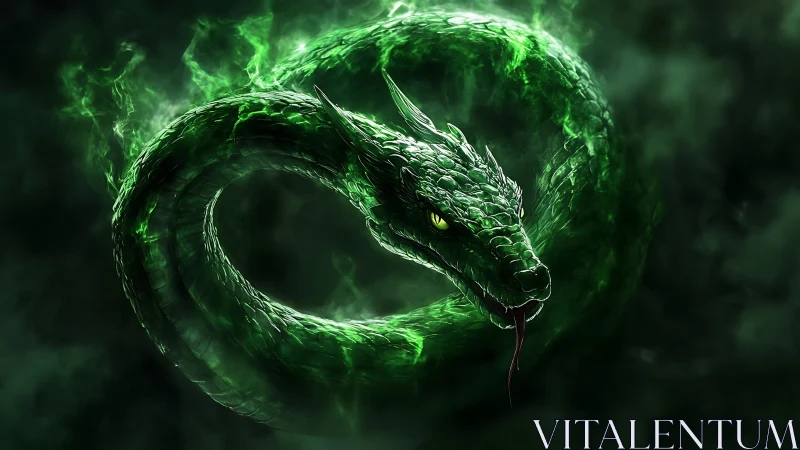 Emerald serpent coils in glowing smoke and meets your gaze
