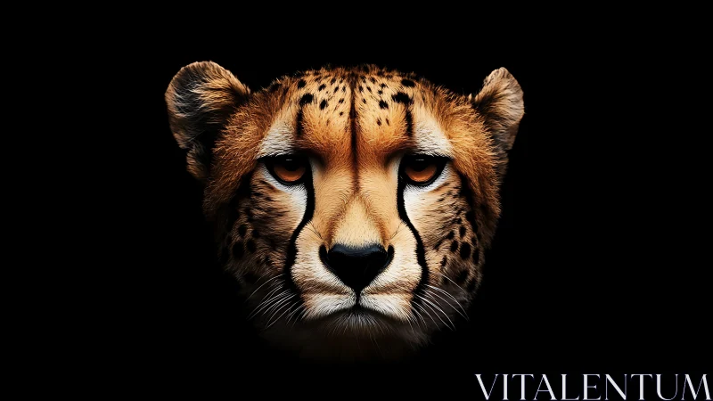 Cheetah portrait glows against deep black negative space.