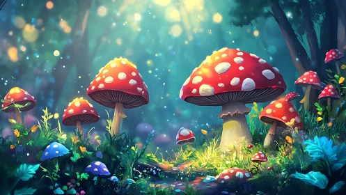 Digital painting of luminous toadstools in enchanted forest clearing.