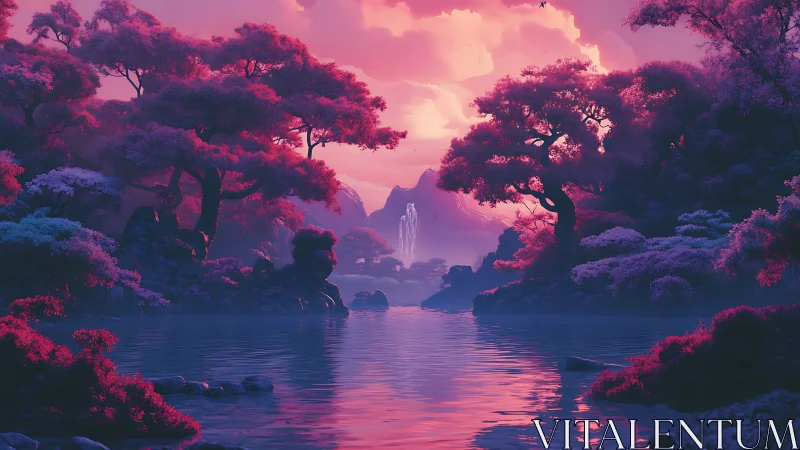 Chromatic fantasy riverine forest under magenta dusk sky.