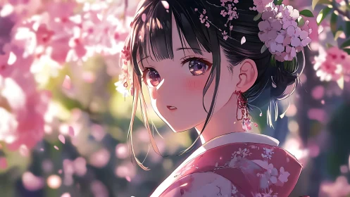Anime girl in pink kimono under soft cherry blossoms.