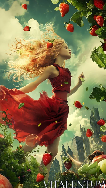 Skyward strawberry dance with girl in crimson dress.