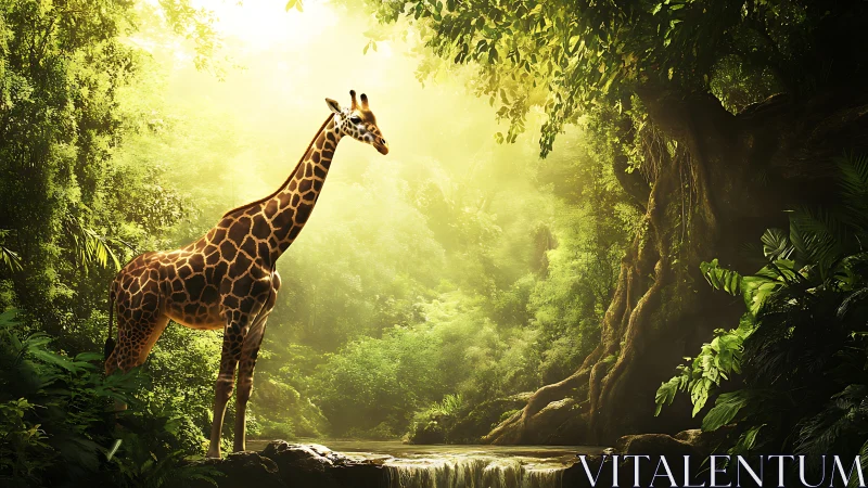 Sunlit giraffe pauses beside a tranquil jungle waterfall