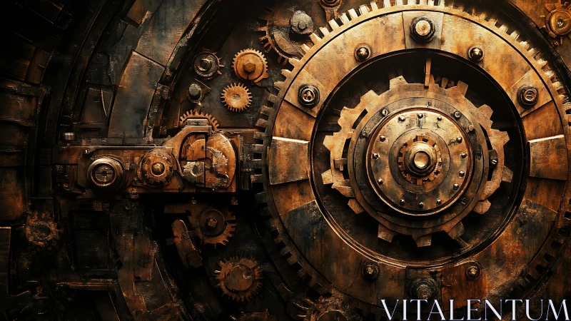 Industrial gear mechanism shows rusted steampunk details.