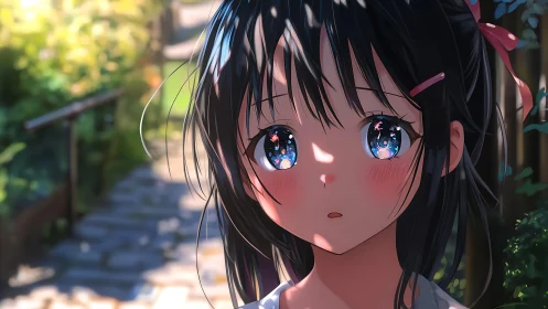Sunlit anime girl with reflective eyes on garden path.