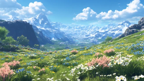 Alpine wildflower meadow opens toward expansive snowy peaks