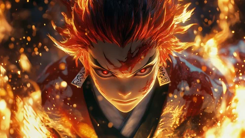 Battle-scarred anime warrior framed by volumetric flames and embers
