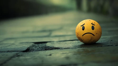 Lonely sad emoji ball brooding on a rain-darkened street.