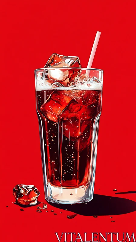 Tall glass of cola with ice cubes on solid red background.