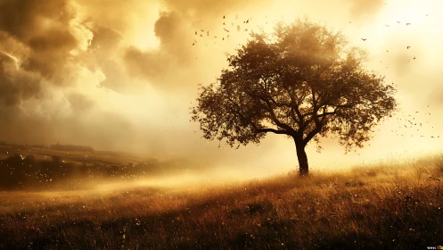 Golden meadow tree glowing softly in a misty sunset field.