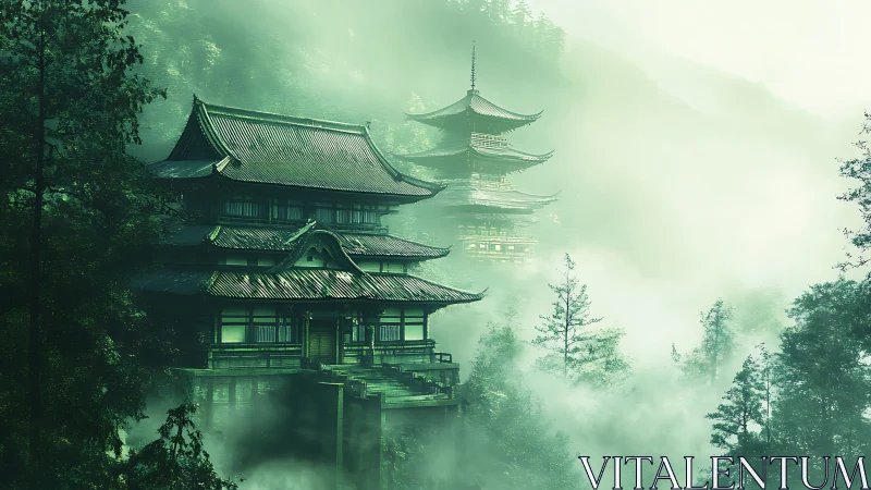 Misty pagoda complex with layered roofs in diffuse green atmosphere