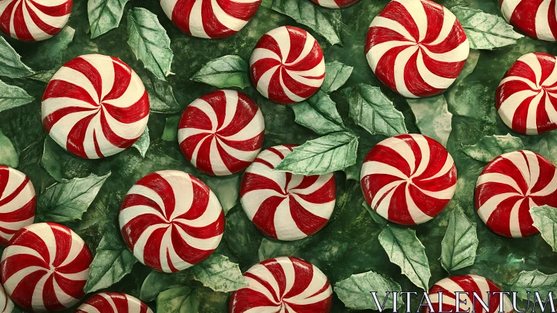 Peppermint Candy Pattern Against Green Foliage. Festive.