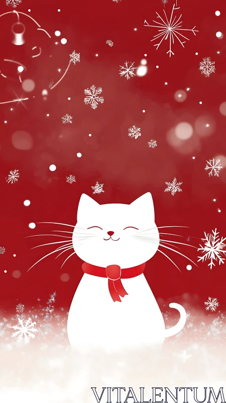 Vector-rendered winter cat with stylized snowflake particle field.