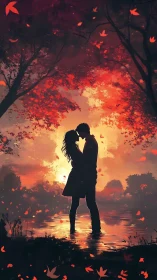 Silhouetted couple embracing in autumn forest at sunset with falling leaves
