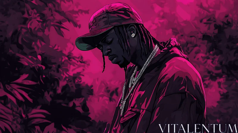 Stylized neon portrait of pensive hooded rapper at night.