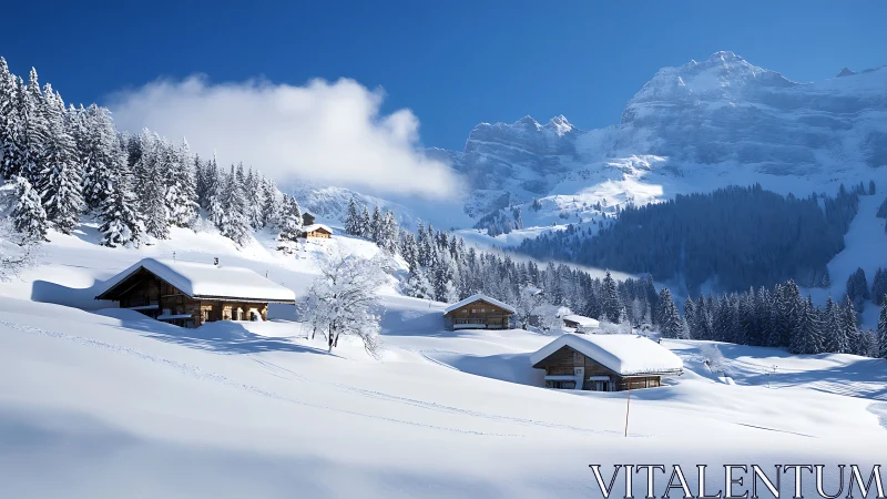 Snow-covered alpine chalets sit below towering winter mountains