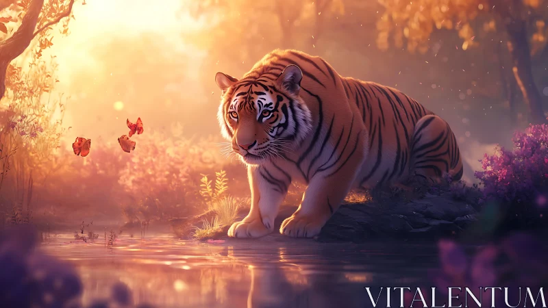 Tiger watches butterflies beside reflective forest water
