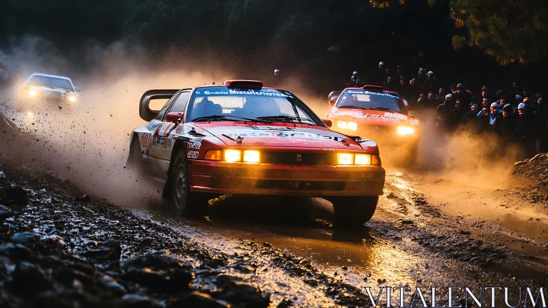 Group B-style rally cars cornering hard on wet gravel stage