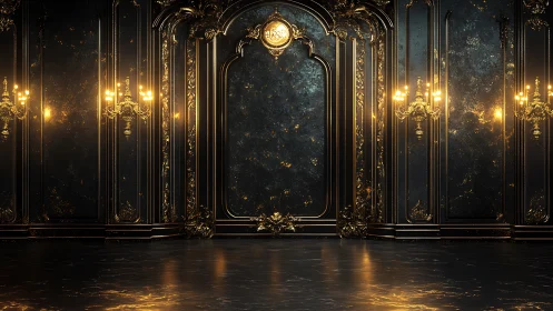Baroque-inspired black and gold grand hall interior render.