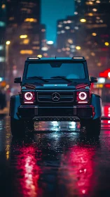 Front view of black SUV on wet city street at night.
